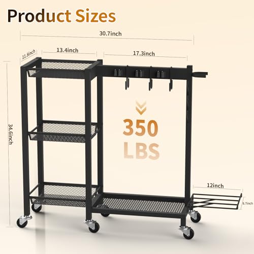 Broom Holder with Cleaning Supplies Organizer Load 350 LBS Cleaning Cart with Wheels Broom Closet Storage with 3-Tier Shelves, 6 Mop Hanger Grippers, 3 Double-Hooks, Vacuum Stand for Laundry Garage