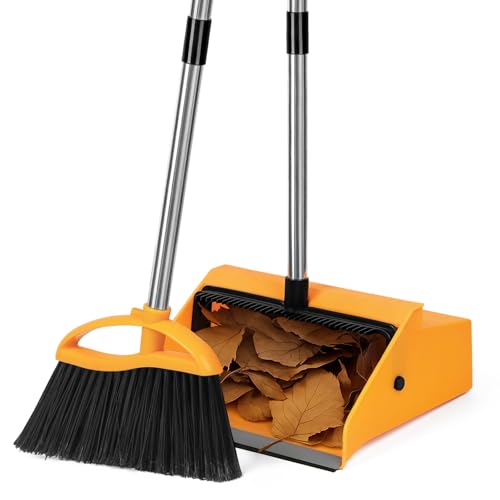 REEWII Large Broom and Dustpan Set，Long Handle Upright Dust Pan Outdoor Indoor for Courtyards, Garages, Lobbies, Shopping Malls, Market Floors, Sidewalks, Classroom Floor Cleaning