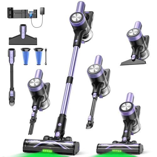 Cordless Vacuum Cleaner, 55KPa/500W Stick Vacuum with 55 Mins Runtime, Self-Standing Vacuum Cleaner for Home, LED Display, Anti-Tangle Brush, Rechargeable Vacuum for Hardwood Floor, Pet Hair (Purple)
