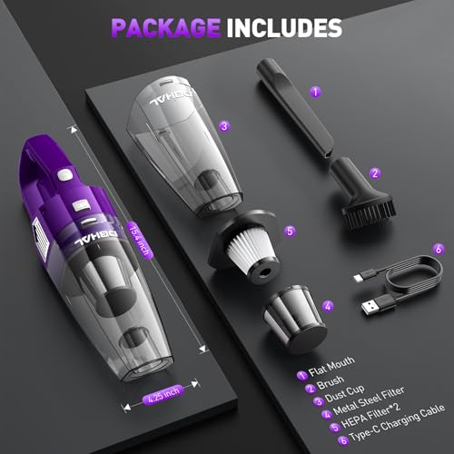 DBHAL Handheld Vacuum Cordless, 15000PA Powerful Suction Car Vacuum Cleaner Lightweight with Multi Accessories, Hand held Vacuum Cleaner Cordless Rechargeable for Car Home