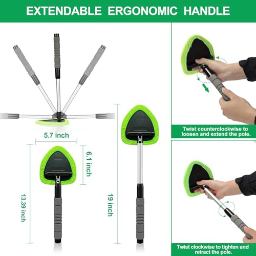 XINDELL Windshield Cleaner Tool – Car Interior Window Cleaning Kit with Extendable Handle & 4 Microfiber Pads, Auto Wiper Inside Windshield Brush for Car & Home Windows