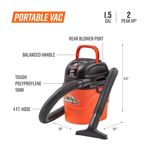Armor All® AA155 1.5-Gallon 2 Peak HP Portable Wet/Dry Vacuum, Orange