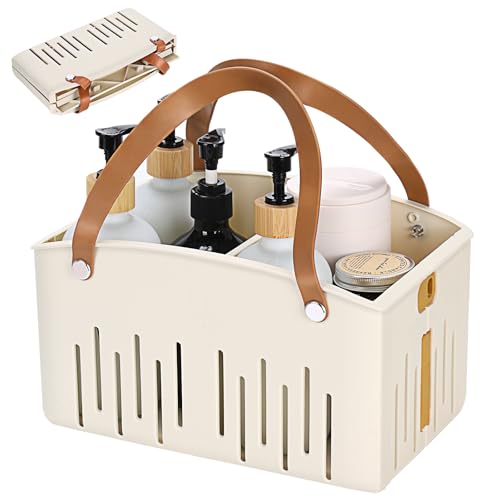 Homiton Portable Shower Caddy Collapsible Plastic Shower Basket Tote with Handles Removable Divider, Cleaning Caddy Storage Organizer for Bathroom College Dorm (White)