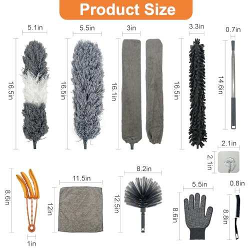 15 PCS Feather Dusters for Cleaning, Microfiber Duster with Extension Pole 100in, Extendable Duster for High Ceilings, Ceiling Fans, Baseboards, Blinds, Car Interior - Washable Reusable Dusting Tools