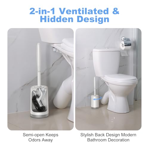HAMITOR Toilet Bowl Brush Holder Set: Curved Design with Holder for Deep Cleaning Under Rim - Compact Hidden Scrubber for Small Space - Modern RV Bathroom Accessories - White 1 Pack