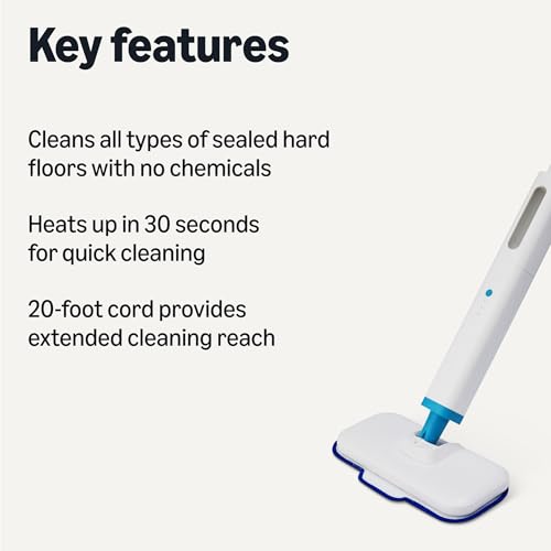 Amazon Basics Steam Mop for All Sealed Hard Floors, Heats Up in 30 Seconds, Chemical-Free Cleaning, 3 Washable Pads, 20-Foot Cord, White