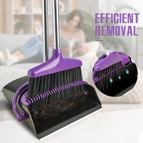XXFLOWER Broom and Dustpan Set with Long Handle, Light Weight Stainless Steel Poles Stand Upright Dustpans with Broom Combo for Home Kitchen Office Pet Dog Hair, 1-Pack (Purple)