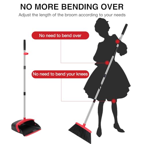 NACENA Broom and Dustpan Set, 52-in Long Adjustable Handle Broom Dustpan Combo with Dustpan Teeth to Automatically Clean Hair Suitable for Home Kitchen Office Hall Floor（Black&Red）