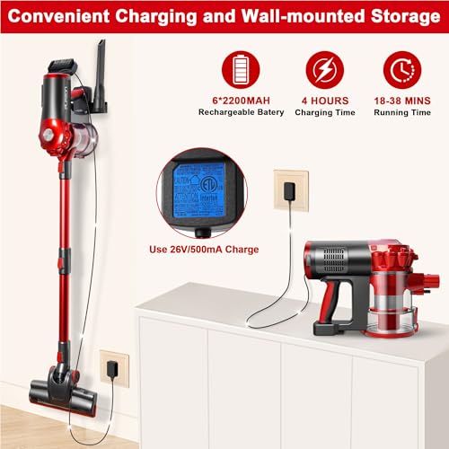 elezon A200 Cordless Vacuum Cleaner, Stick Vacuum with Powerful Suction, 38 Mins Runtime, Rechargeable Battery, HEPA Filter, Portable Lightweight Vacuum Cleaners for Home, Hard Floor, Pet Hair