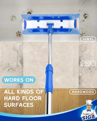 MR.SIGA Professional Microfiber Mop for Hardwood, Laminate, Tile Floor Cleaning, Stainless Steel Telescopic Handle - 3 Reusable Flat Mop Refills and 1 Dirt Removal Scrubber Included