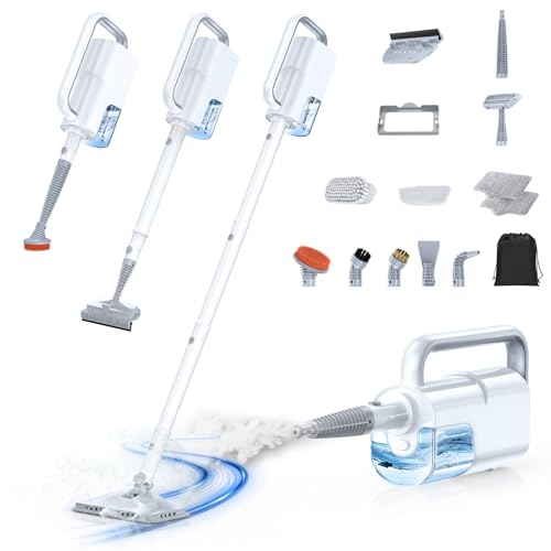 10-in-1 Steam Mop with Detachable Handheld Steamer,350ml Tank, 10s Heat-Up, 248°F Steam Cleaner, 2-Level Control and Swivel Head for Floor,Carpet,Tiles, BBQ grill,Car Accessories Clean White