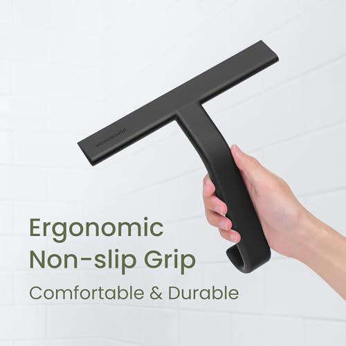 dancemoon JustHang Shower Squeegee for Glass Doors, All-One-Piece Award-Winning Silicone Squeegee with Built-in Hook for Bathroom, Window, Mirror, Tile Wall,Car, Streak-Free Cleaner Tool,10-Inch Black