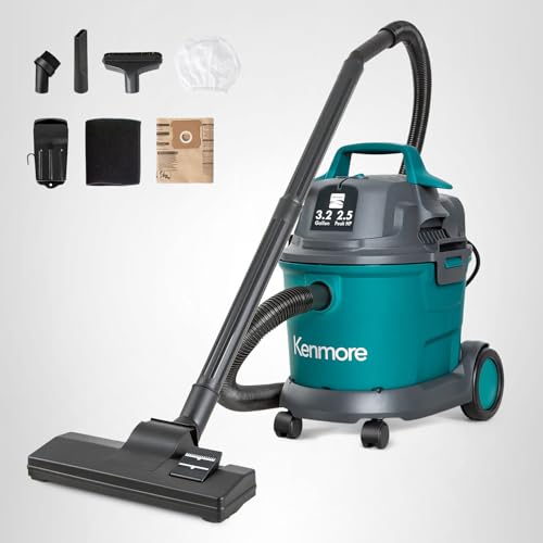 Kenmore KW3030 Wet Dry Canister 3.2 Gallon 2.5 Peak HP Vacuum Cleaner with Extension Wands Tool Storage & Wall Bracket for Garage, Car, Home, 3.2 Gallons, Green