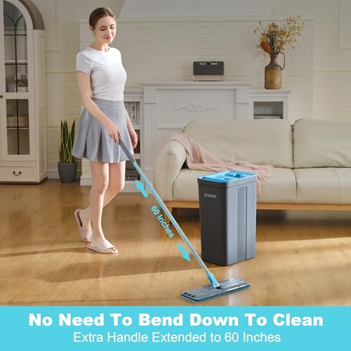 JOYMOOP Mop and Bucket Set, Mops for Floor Cleaning, Wall Mop Cleaner with Long Handle, with 4 Reusable Microfiber Mop Pads - Grey+Cyan Blue