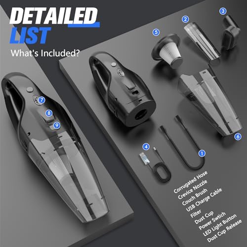 BSRCO Cordless Handheld Vacuum with 6kPa Hurricane Suction, 25Mins Runtime Portable Car Vacuum for Deep Gap Cleaning, Lightweight Hand Vac with HEPA for Pet Hair, Home & Vehicle