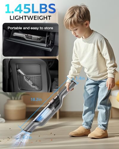 Zefiro Compact Powerful Cordless Handheld Vacuum, Rechargeable Portable Car Vacuum for Car & Pet Hair, Brushless Motor 25000PA High Suction, XL Dust Cup, 2 Brushes & Filters, Long Runtime with Charger