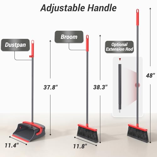 Zeawec Broom with Dustpan Combo Set, Long Handle Upright Standing Self-Cleaning Broom and Dustpan Set for Pet Hair & Dust Cleanup, Indoor Outdoor Use for Home, Kitchen, Office, Red & Gray