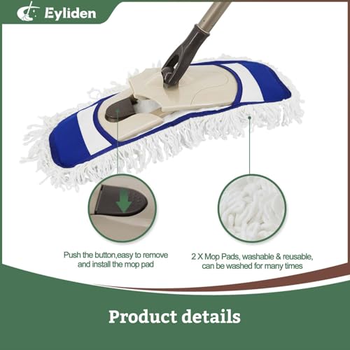 Eyliden Dust Mop, 2 Microfiber Pads, Home Commercial Cleaning, Quick Swap