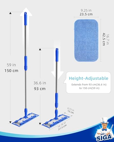 MR.SIGA Professional Microfiber Mop for Hardwood, Laminate, Tile Floor Cleaning, Stainless Steel Telescopic Handle - 3 Reusable Flat Mop Refills and 1 Dirt Removal Scrubber Included