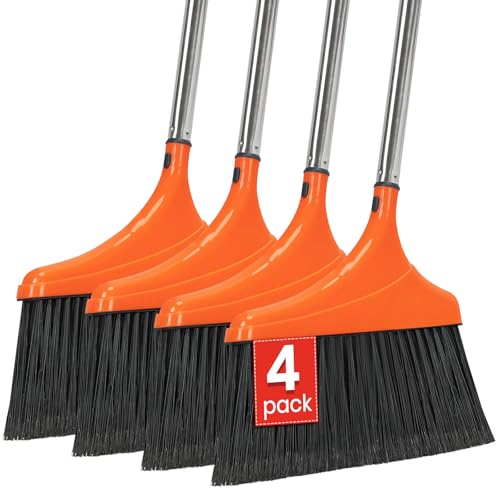 4 Pack Heavy-Duty Angle Broom for Floor Cleaning with 52" Long Handle Stiff Bristle Angle Commercial and Industrial Broom, Indoor Outdoor Broom for Garage Kitchen Office Lobby Patio