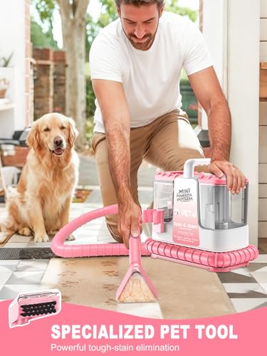 Portable Carpet & Upholstery Cleaner Machine for Pet Stains, Powerful Suction Spot Cleaner for Couch, Sofa, Car Interior & Rugs, Lightweight Compact Deep Cleaning Machine with Solution, Pink