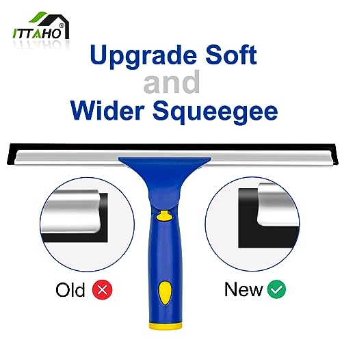 ITTAHO Window Squeegee with Extension Pole, Separate 12" Squeegee & 11" Microfiber Scrubber Heads, Window Cleaning Kit for Hard-to-Reach Windows, Shower Doors, Car Windshields, Indoor Outdoor-2 Pads