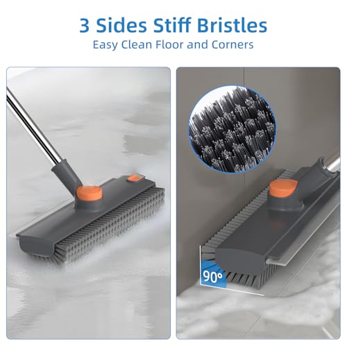 Scrub Brush with Long Handle, Floor Scrub Brush Squeegee Broom for Cleaning, 3 in 1 Shower Scrubber Floor Broom Squeegee for Concrete Tile Wall Deck Patio Grey