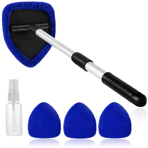 Qydipclin 11pcs Windshield Cleaner Tool, Car Window Cleaning Wash Kit with 6 Reusable Microfiber Pads 2 Spray Bottles and Extendable Handles Auto Glass Wiper Kit, Blue