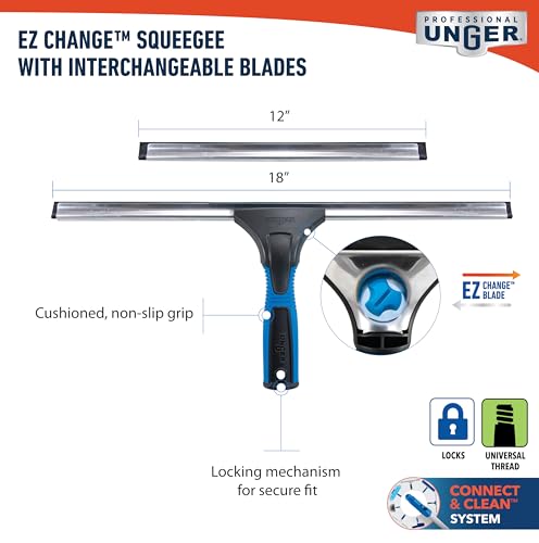 Unger Professional Connect and Clean 18” EZ Change Window and Glass Cleaning Squeegee, Large and Small Windows, Rubber Blade Tool for Streak-Free Results, Includes 12” Channel