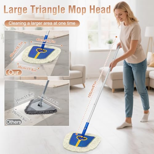 Commercial Dust Mop for Hardwood Floors Cleaning, Heavy Duty Industrial Dry Mop with 2 Wedge Cotton Mop Pads for Walls Cleaner,Tile,Vinyl,Laminate, Floor Duster Broom for Home and Business Use,Blue