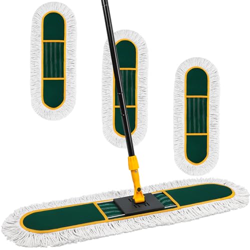 24 Inch Commercial Dust Mop for Floor Cleaning-Heavy Duty Dry & Wet Push Broom with 3 Washable Pads, 57" Handle & 360° Swivel Floor Duster for Hardwood, Laminate, Vinyl Floors & Warehouse