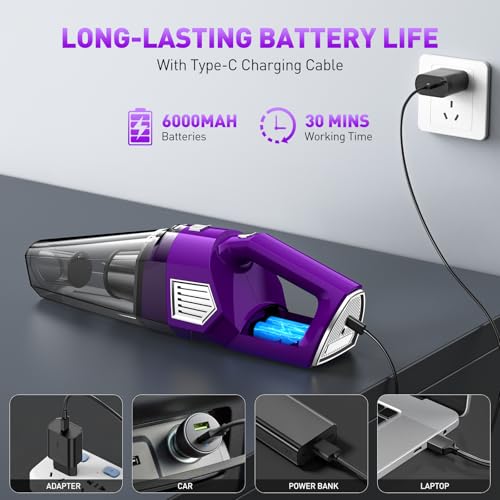 DBHAL Handheld Vacuum Cordless, 15000PA Powerful Suction Car Vacuum Cleaner Lightweight with Multi Accessories, Hand held Vacuum Cleaner Cordless Rechargeable for Car Home