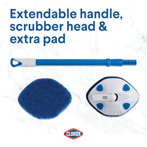 Clorox Extendable Tub & Tile Scrubber with Polyurethane Head – Heavy Duty Bathroom Cleaning Brush with Bonus Refill, Pivoting Head, Replaceable Pad, Works with Clorox Wipes