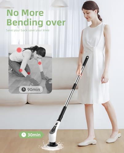 Lichffy Electric Spin Scrubber, Cordless Floor Scrubber Machine with 8 Cleaning Pads & Telescopic Handle, Bathroom Scrubber for Cleaning Tile Grout Tub Shower Floor Window Carpet, White-rx2...