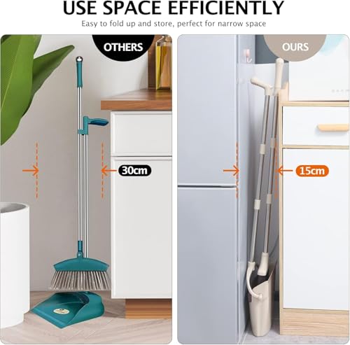 XXFLOWER Broom and Dustpan Set with Long Handle, Light Weight Stainless Steel Poles Stand Upright Dustpans with Broom Combo for Home Kitchen Office Pet Dog Hair, Brown & Beige Color, 1-Pack