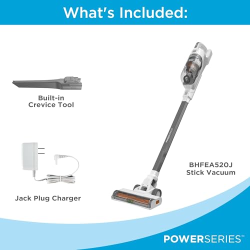BLACK+DECKER POWERSERIES+ 20V MAX Cordless Stick Vacuum Cleaner with LED Floor Lights, Bagless, Lightweight, Cordless Vacuum Cleaners for Home, Up to 44 Minutes, Powerful Suction, Gray (BHFEA520J)