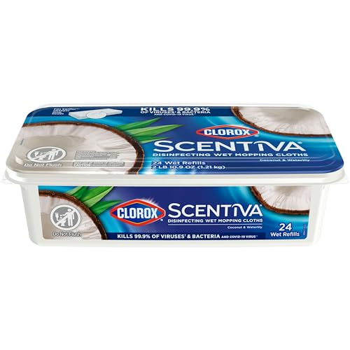 Clorox Scentiva Disinfecting Wet Mop Pad, Disposable Mop Heads, Coconut and Waterlily, 2 Packs, 24 Wet Refills Per Pack (Package May Vary)