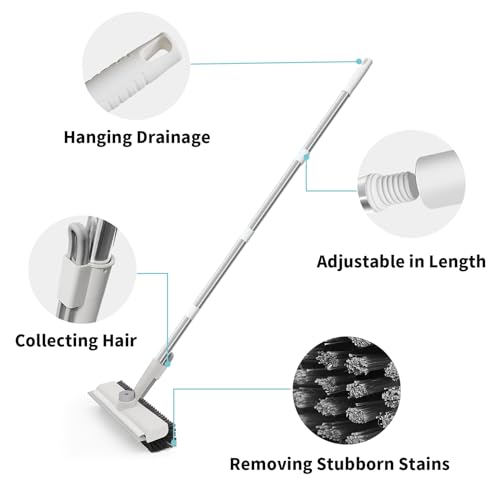 Floor Scrub Brush with Long Handle, 3 in 1 Scrape and Heavy-Duty Stiff Bristle Scrubber Brush Broom for Cleaning Shower Bathroom, Patio, Pool, Garage, Kitchen, Wall and Deck (White, 1 Pack)