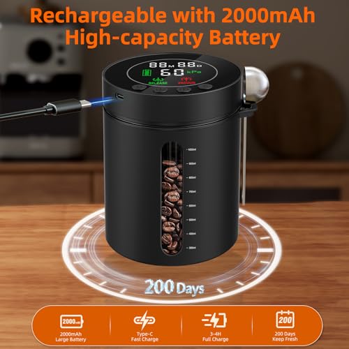Automatic Vacuum Coffee Canister, 1.3L Coffee Container with Smart Pressure Sensor,LED Display,Window,Scoop Rechargeable Airtight Electric Coffee Bean Storage for Home Kitchen Ground Food Tea Storage