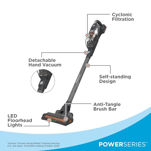 BLACK+DECKER POWERSERIES 20V MAX Cordless Stick Vacuum Cleaner, Household Vacuum Cleaners for Hardwood Floors and Carpet, LED Lights, Detachable, Anti-Tangle, Lightweight, Bagless (BHFEA18D1)