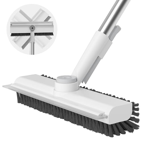 Floor Scrub Brush with Long Handle, 3 in 1 Scrape and Heavy-Duty Stiff Bristle Scrubber Brush Broom for Cleaning Shower Bathroom, Patio, Pool, Garage, Kitchen, Wall and Deck (White, 1 Pack)