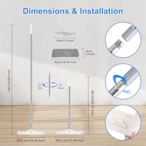wlich Microfiber Mop for Cleaning Floors,55 Inch Extendable Flat Mop with 4 Reusable Washable Pads, 1 hook, 1 wall piece, and 1 scraper, Wet Dry and Dust Mops for Bathroom Kitchen, Floor,Ceramic Tiles