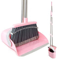 OOOFLOWER Broom and Dustpan Combo Set, Long Handle and Standing Dust Pan with Comb Teeth, Efficient Floor Cleaning for Kitchen, Outdoor, Dorm, Apartment, Office Lobby (Pink Gray)