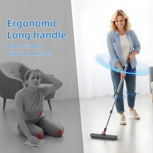 Scrub Brush with Long Handle, Floor Scrub Brush Squeegee Broom for Cleaning, 3 in 1 Shower Scrubber Floor Broom Squeegee for Concrete Tile Wall Deck Patio Grey