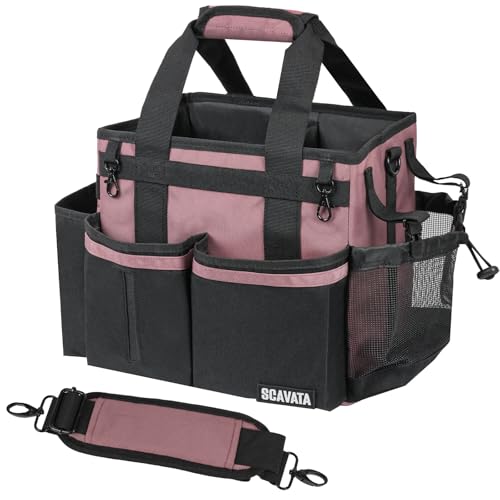 SCAVATA Compact Wearable Cleaning Caddy, Small Cleaning Caddy Supplies Organizer with Handle & Shoulder Straps for Housekeepers, Under Sink & Car Cleaning Tool Organizers Bag (LotusPink)