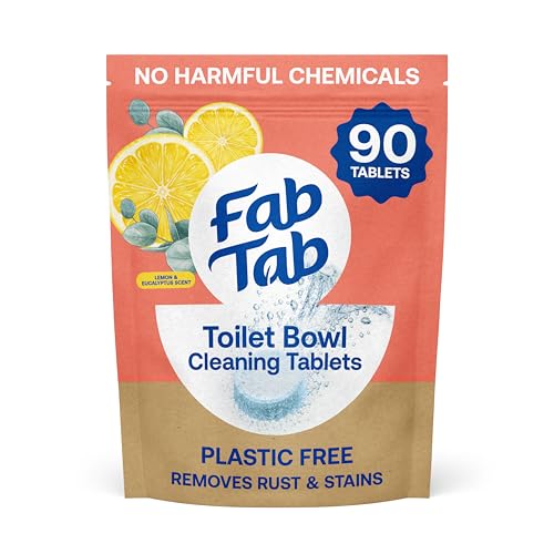 Fab Tab Toilet Cleaner Tablets for Bowl, Powerful Active Toilet Stain and Rust Removal, No Plastic or Harmful Chemicals, Safe for Regular and Septic Tanks, Lemon & Eucalyptus Scent - 90 Pack