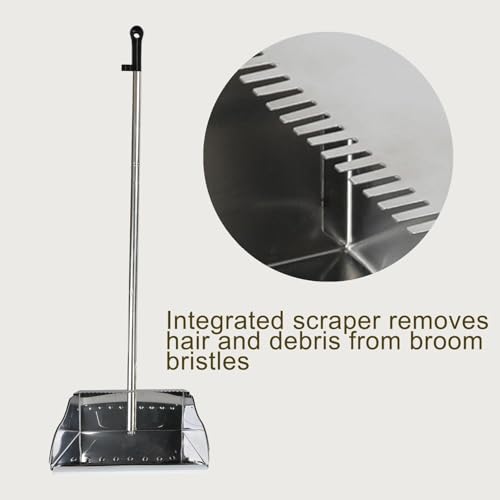 Metal Dustpan Long Handle Stainless Steel Dustpan,Heavy Duty Standing Dust Pan with Teeth, Indoor Outdoor Up for Home Kitchen Lobby Room Office
