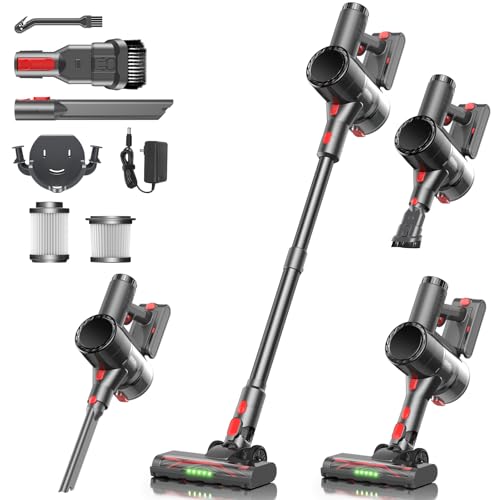 Prasky Cordless Vacuum Cleaner, Stick Vacuum Rechargeable, 550W 45KPA Powerful Suction Lightweight Vacuum Cleaners for Home, Anti-Tangle, Self Standing for Pet Hair Hardwood Floor Carpet - Black