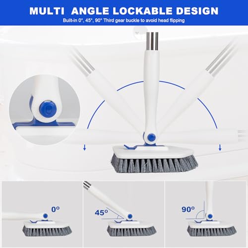 Tile Tub Scrubber Brush with 52-inch Adjustable Long Handle 3-in-1 Rotatable Shower Brush for Cleaning，3 Different Replacement Brush Heads for Cleaning Tub Tile Bathroom Kitchen Walls ，Blue