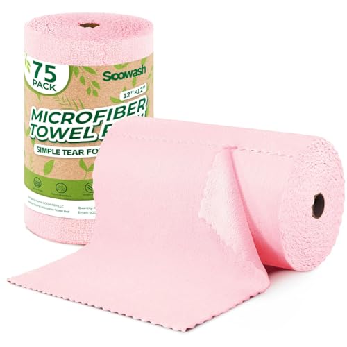 SOOWASH Microfiber Cleaning Cloths Roll, 75 Pack Tear Away Microfiber Towels Roll, 12" x 12" Lint Free Rags, Reusable Cleaning Cloths, Washable, Scratch Free,Ultra Absorbent Dish Rags(Pink)